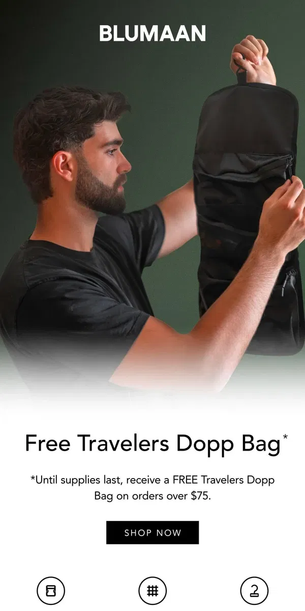 Email from BluMaan. FREE Travelers Dopp Bag 🎁