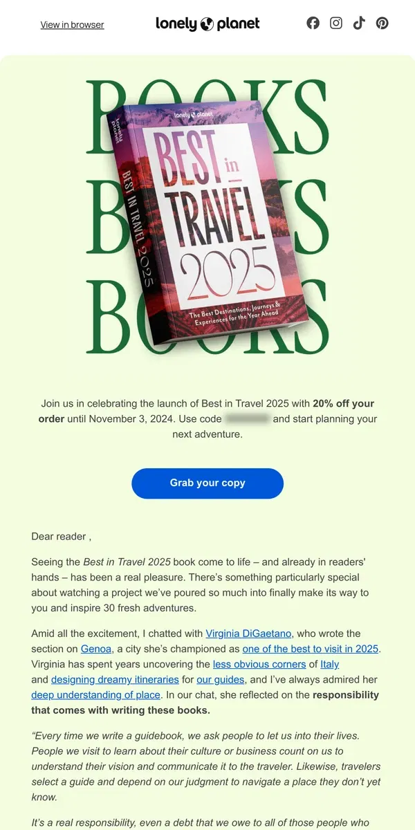 Email from Lonely Planet. 30 places to visit in 2025!