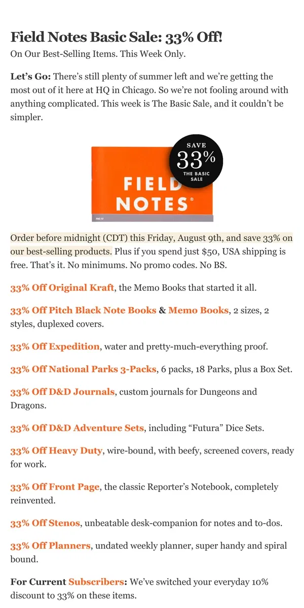 Email from Field Notes. Field Notes Basic Sale: 33% Off!