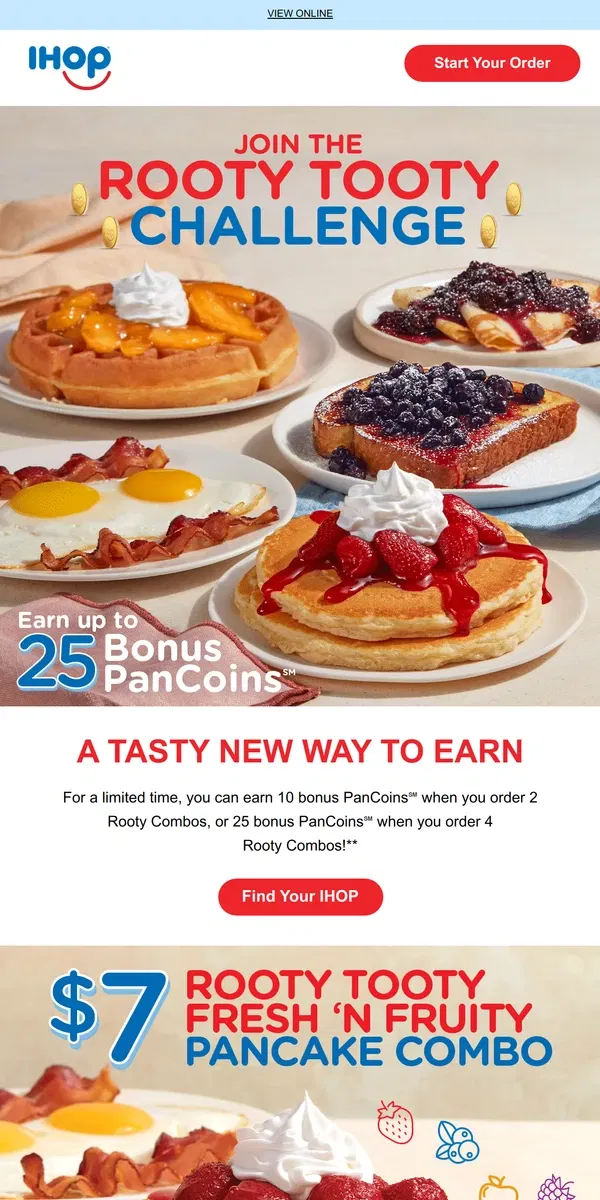 Email from IHOP. Order Rooty Tooty, Get Rewarded 🥞✨