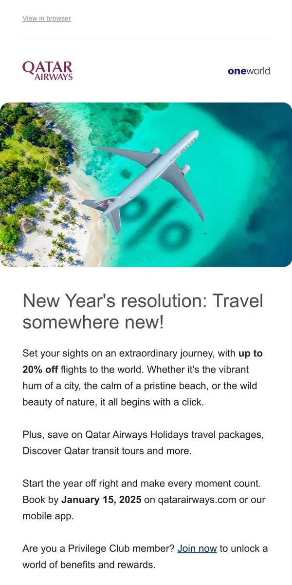 Email from Qatar Airways. Your dream holiday is just a flight away!