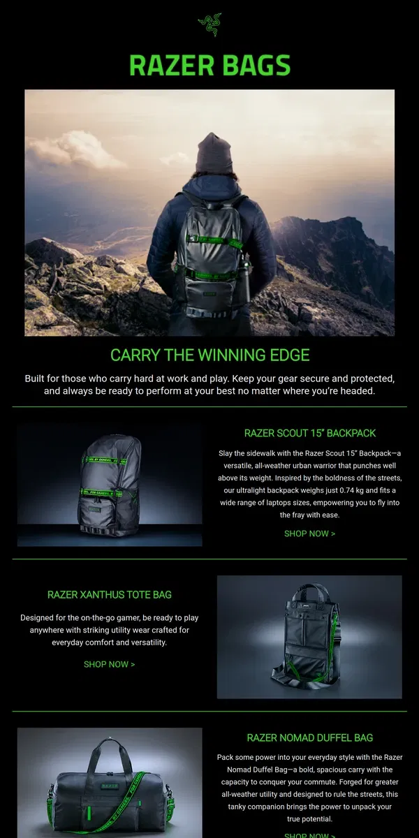 Email from Razer. Carry in Style With Razer Bags