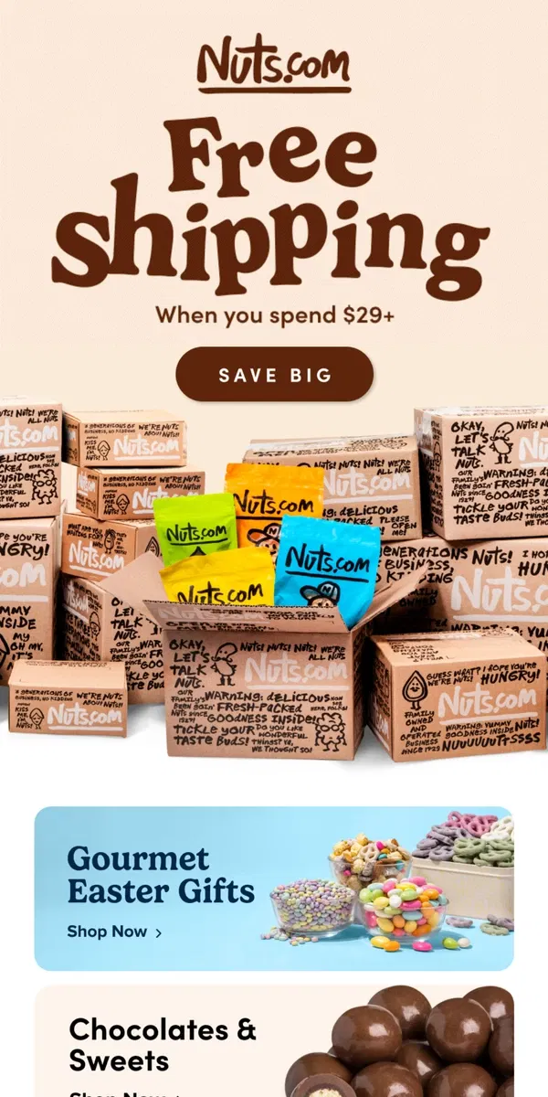 Email from Nuts.com. FREE SHIPPING 😲