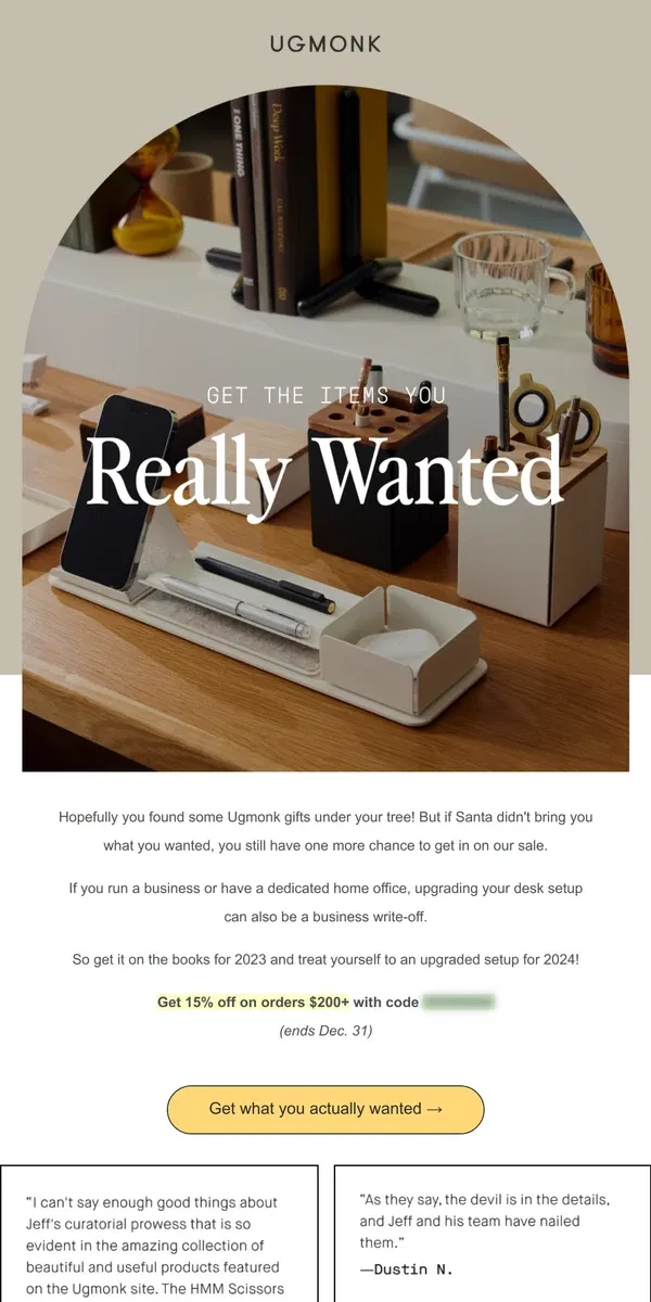 Email from Ugmonk. Treat yourself to one last write-off for 2023 🍾