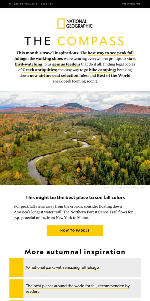 Email from National Geographic. Getting the best seat on the plane. PLUS: All things peak fall, the walking shoes we want to wear everywhere