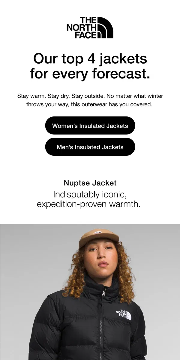 Email from The North Face. 4 best jackets for every forecast