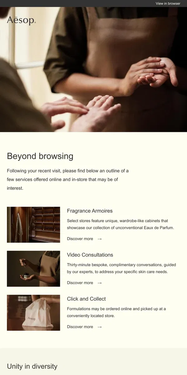 Email from Aesop. Services to discover in-store and online