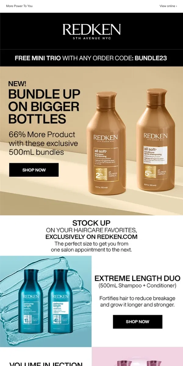 Email from Redken. New! Bundle Up on Bigger Bottles! Stock Up Now!