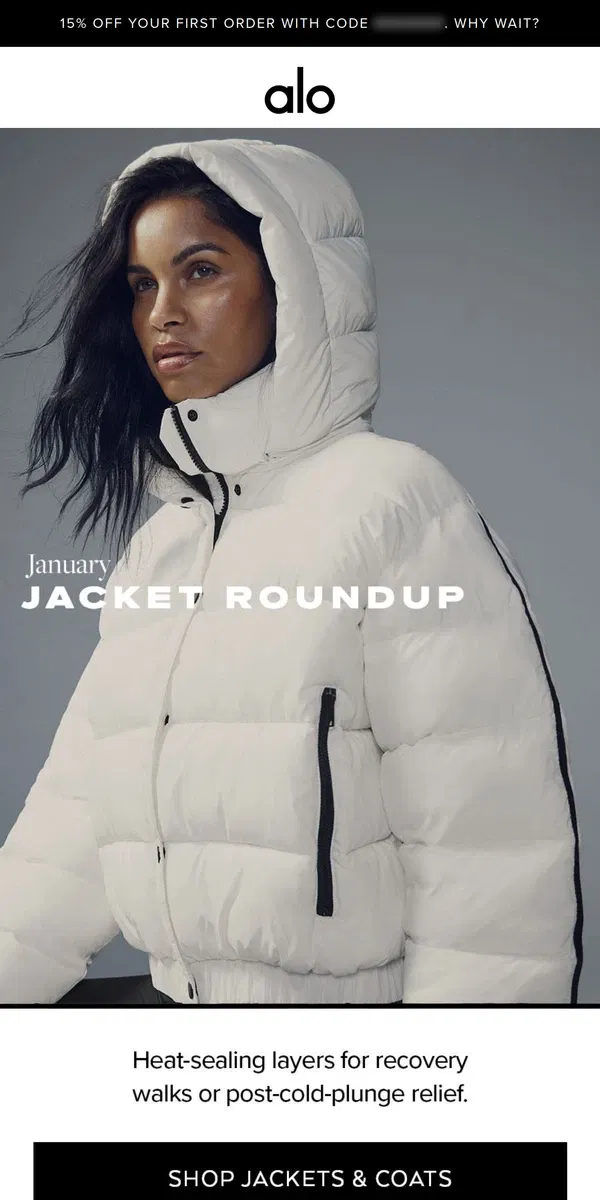 Email from Alo Yoga. January jacket roundup