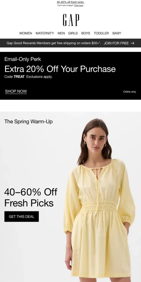 Email from GAP. You've hit it big! 40–60% off fresh picks + 50% off kids' & baby styles