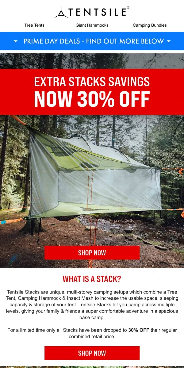 Email from Tentsile. 30% Off Stacks + Prime Day Deals 🌲