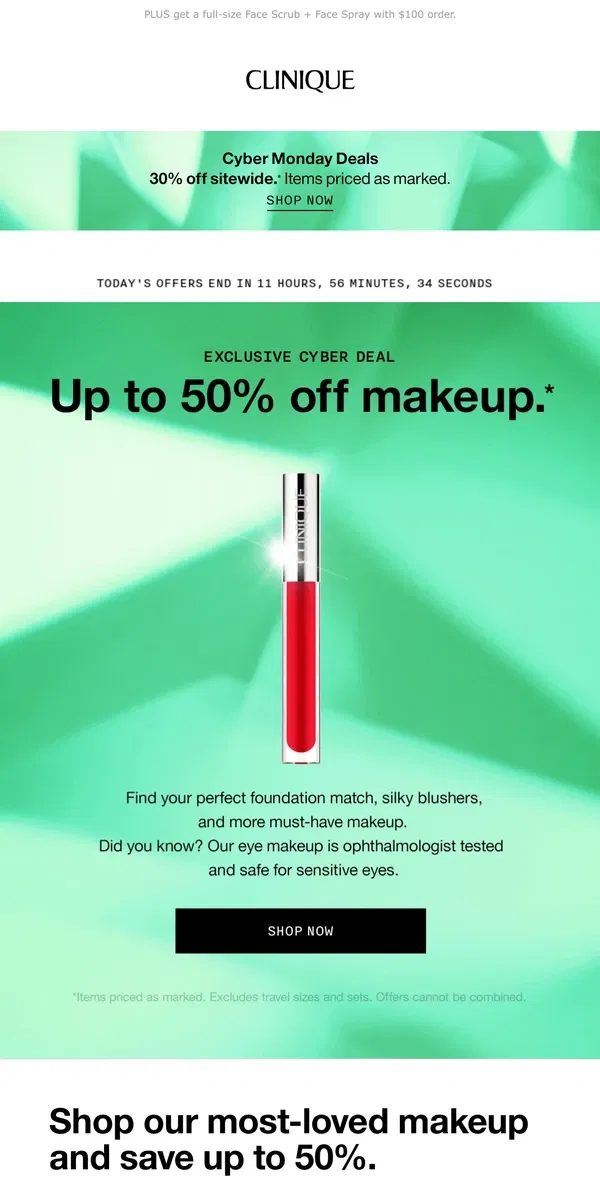 Email from Clinique. MAKEUP UP TO 50% OFF 💋 Exclusive Cyber Deal.