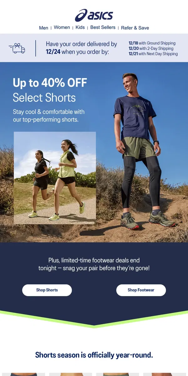 Email from ASICS. Select shorts now 40% OFF 🚨