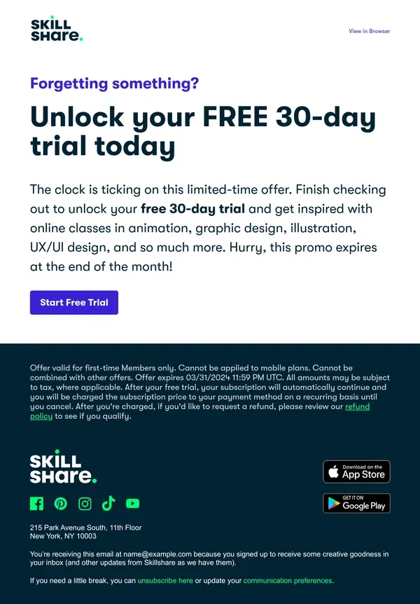 Email from Skillshare. Skillshare is FREE for 30 days