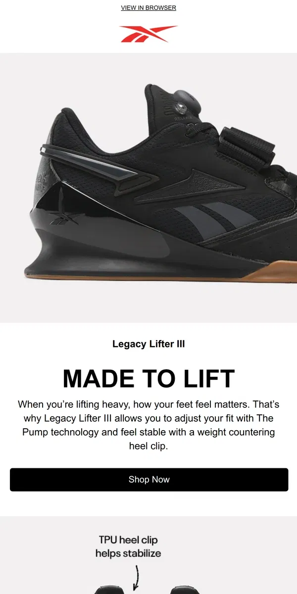 Email from Reebok. Refresh your Legacy Lifters