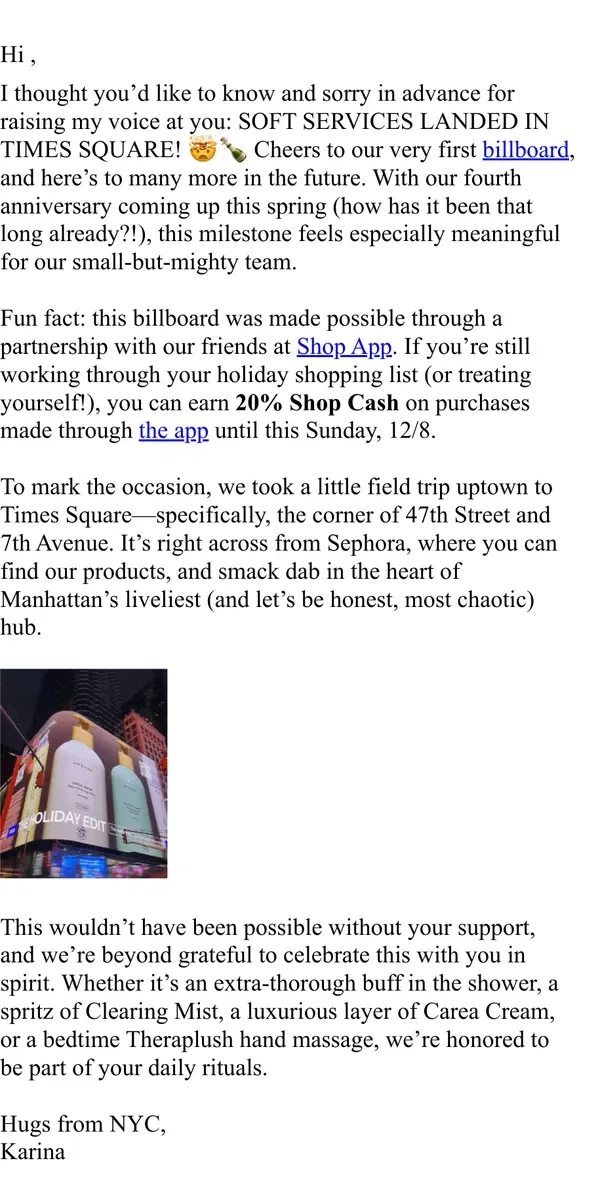 Email from Soft Services. 📞 “Hey, mom. We’re in Times Square!”