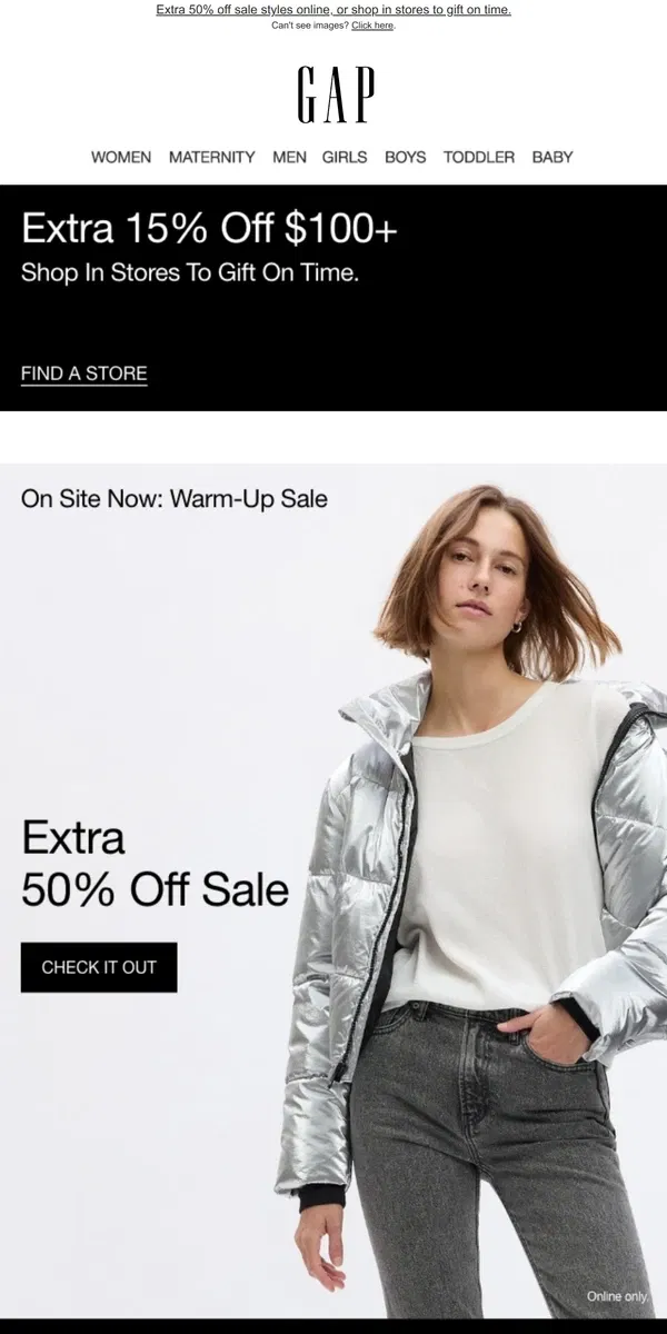 Email from GAP. You're receiving an EXTRA 50% OFF during our online sale