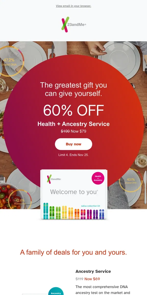 Email from 23andMe. Last chance: 60% off Health + Ancestry Service