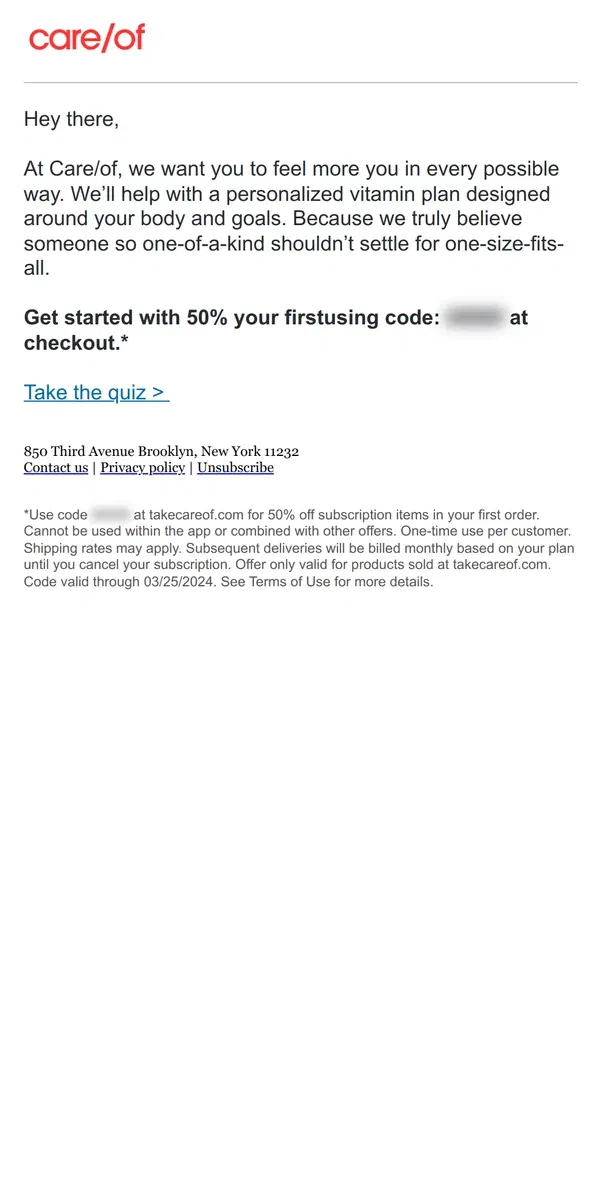 Email from Care/of. Personalized vitamins