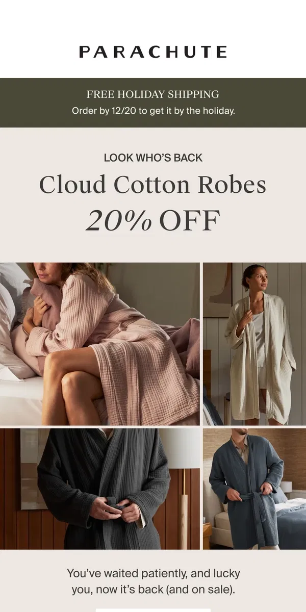 Email from Parachute Home. Back In Stock + On Sale: Cloud Cotton Robe