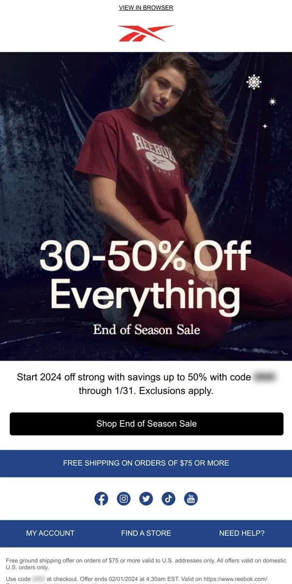 Email from Reebok. Start 2024 strong with 30-50% off