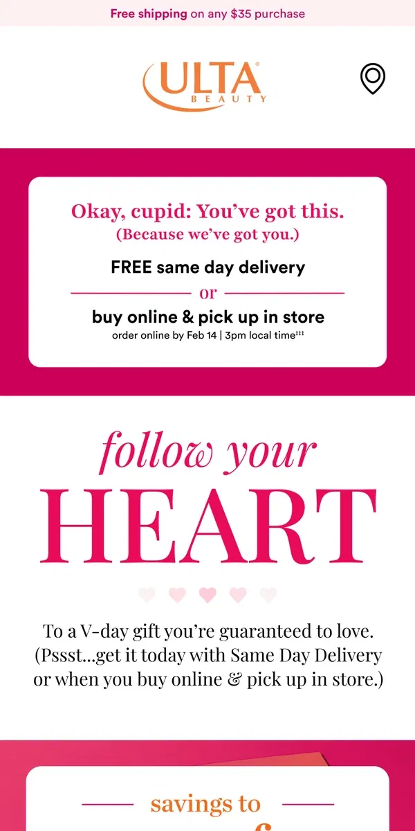 Email from Ulta Beauty. 1 day left for V-Day + Up to $20 OFF including prestige & fragrance 💞