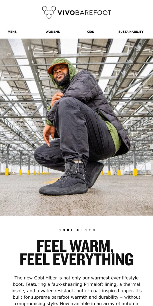 Email from Vivobarefoot. NEW: the ultra-warm Gobi Hiber