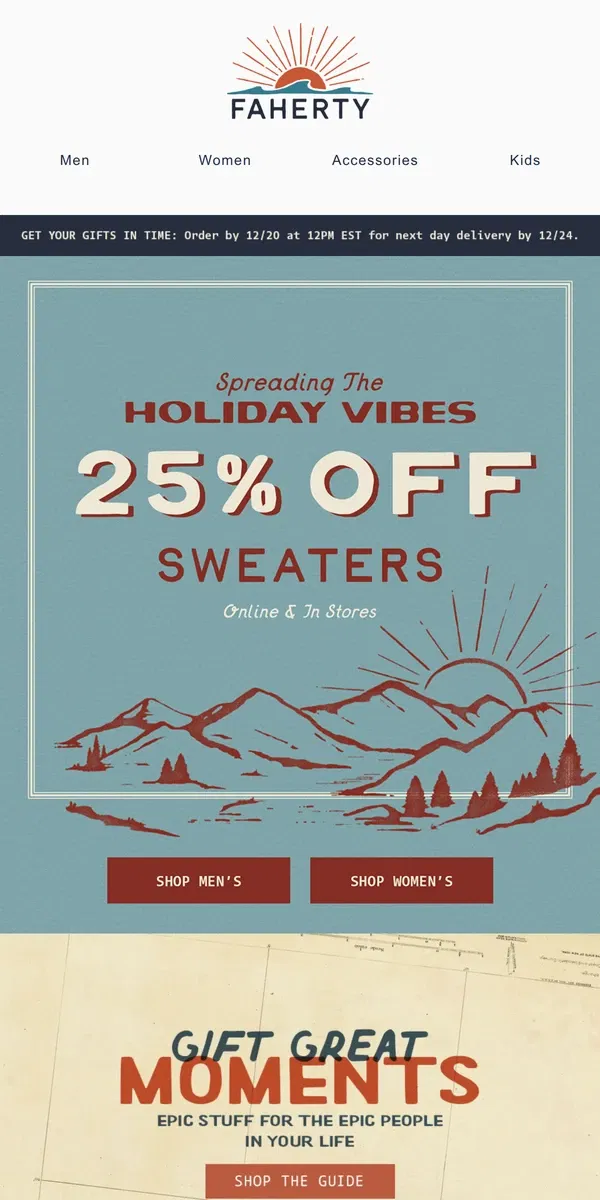 Email from Faherty. Last Chance: 25% Off Sweaters