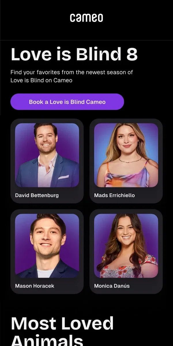 Email from Cameo. Helping you tell apart the Love is Blind Cast