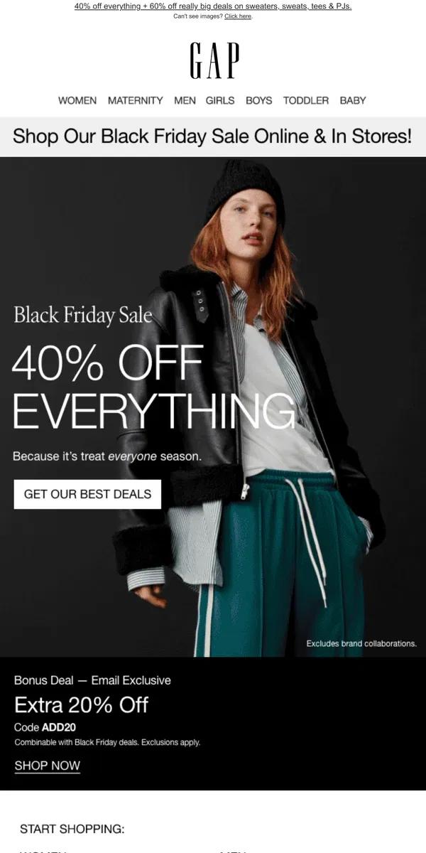 Email from GAP. 4️⃣0️⃣% OFF EVERYTHING —> Your Black Friday invite is HERE