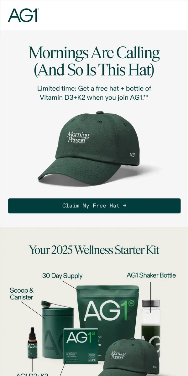 Email from AG1 by Athletic Greens. Selling Out Fast! FREE Morning Person Hat