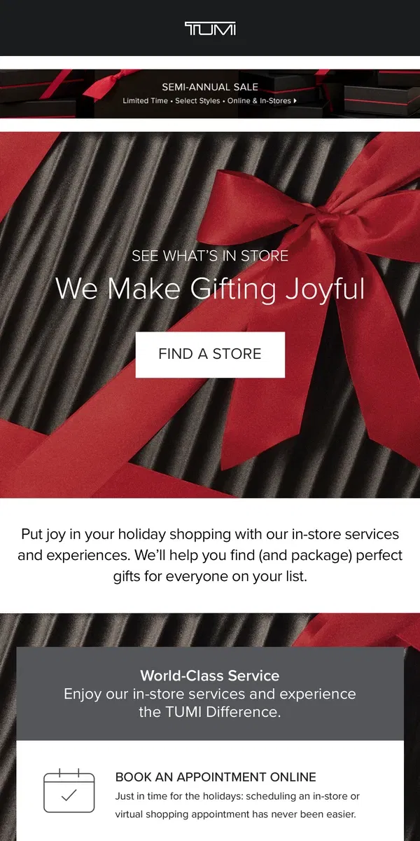 Email from Tumi. We Make In-Store Shopping Joyful 🎁