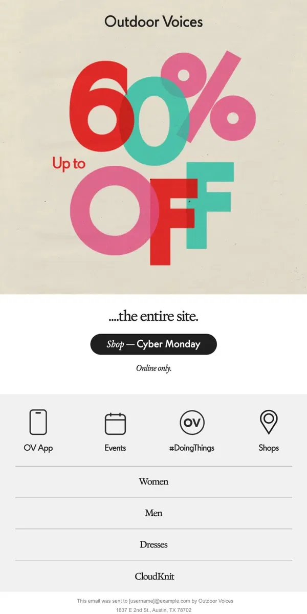 Email from Outdoor Voices. Cyber Monday: Up to 60% off.