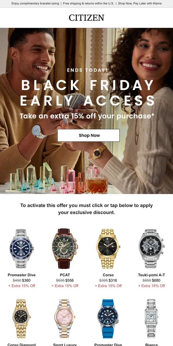 Email from Citizen Watch. Your VIP Black Friday Early Access Ends Today - Shop Now