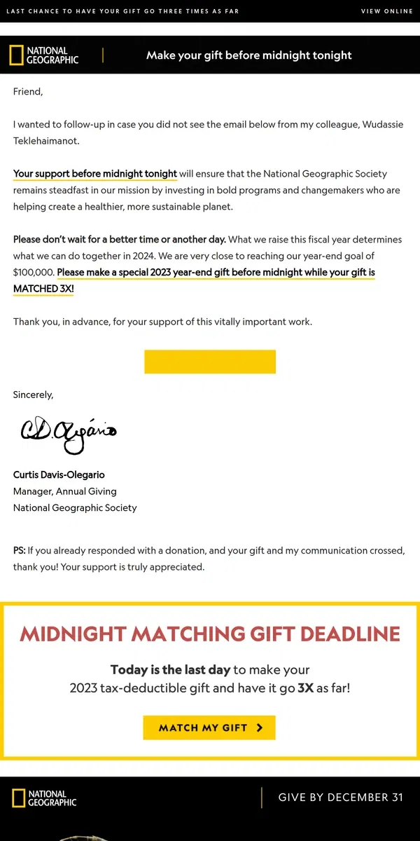 Email from National Geographic. ENDS AT MIDNIGHT: Your 3x match to protect our precious planet