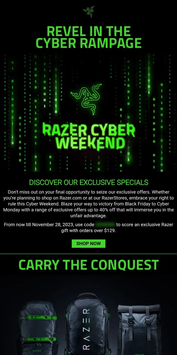 Email from Razer. Last Chance for Razer Cyber Weekend