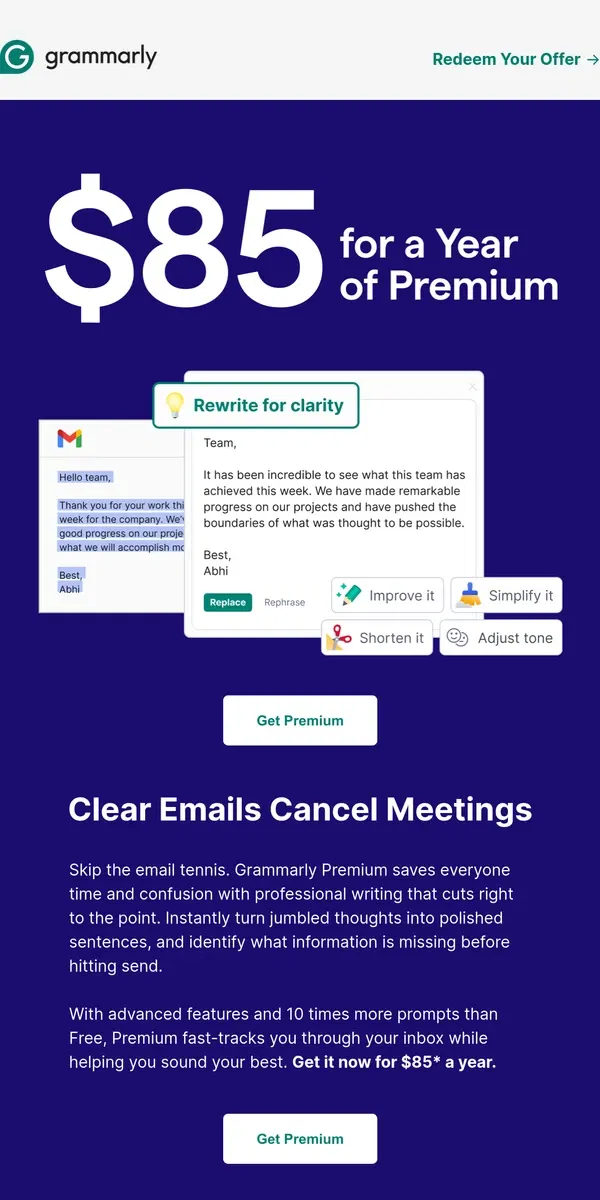 Email from Grammarly. Get a year of faster writing for $85