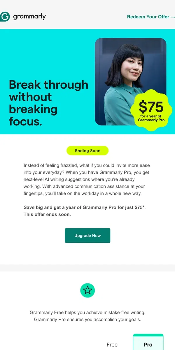 Email from Grammarly. 🔒 Lock in a year of Pro for $75