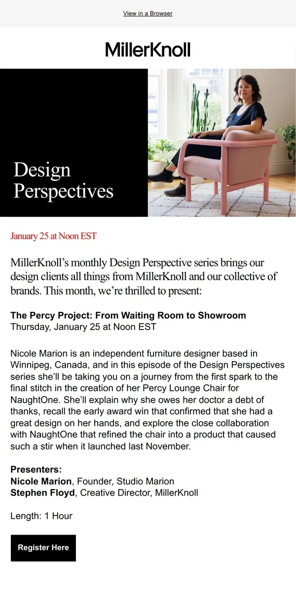 Email from Herman Miller. Reminder: Join Us on January 25 for MillerKnoll’s Design Perspectives Series