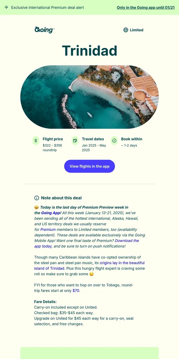 Email from Going. 🤩 *Premium* Trinidad —  $322 to $356 (Jan-May)