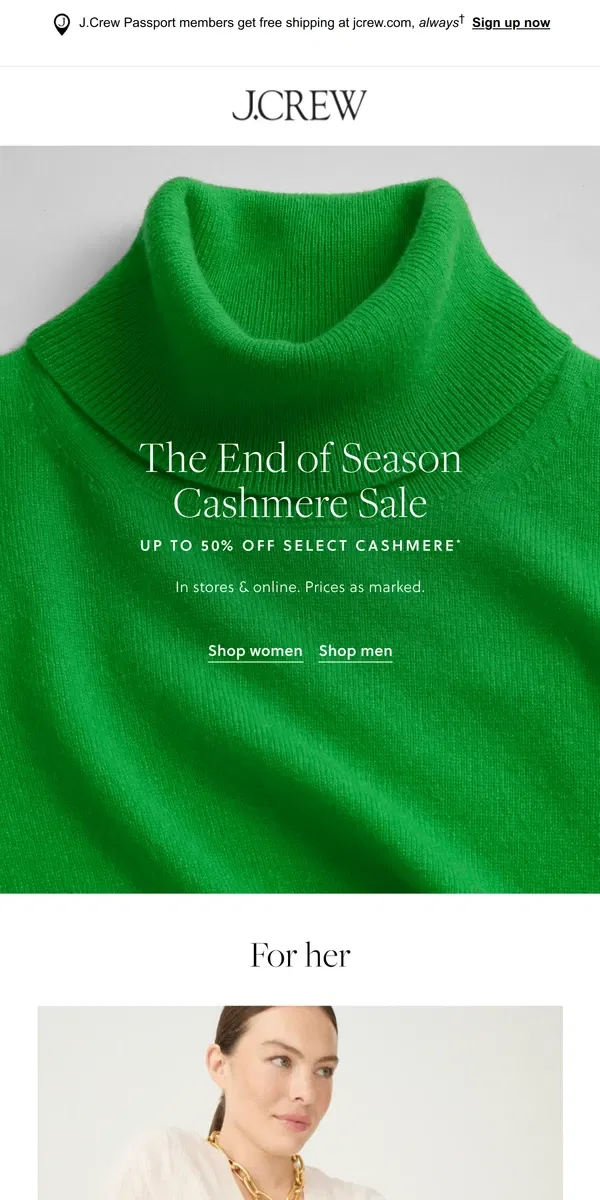 Email from J.Crew. Time to self-gift: up to 50% off select cashmere