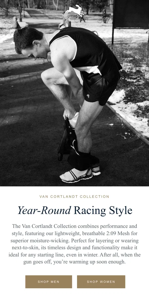 Email from Tracksmith. Winter Racing Style