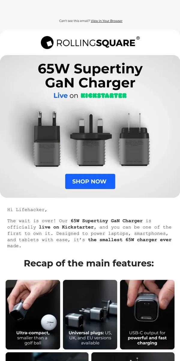 Email from Rolling Square. The World’s smallest 65W charger is now live!