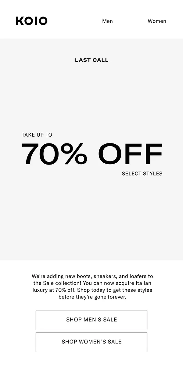 Email from Koio. 40-70% OFF SELECT STYLES