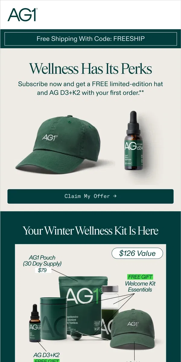 Email from AG1 by Athletic Greens. Limited Time Offer: Your Winter Wellness Kit + FREE Shipping