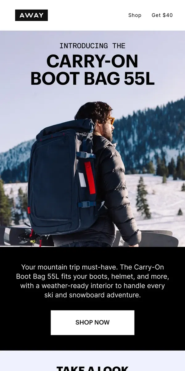 Email from Away. Just landed: The Carry-On Boot Bag 55L 🎿