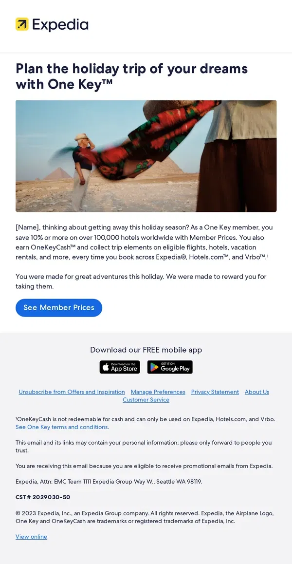 Email from Expedia. Big holiday travels, big holiday savings with Member Prices