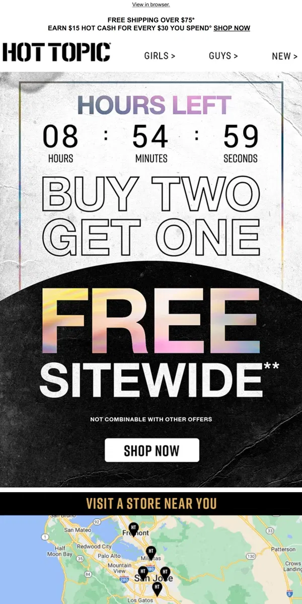 Email from Hot Topic. B2G1 Free is here today, but gone tomorrow…