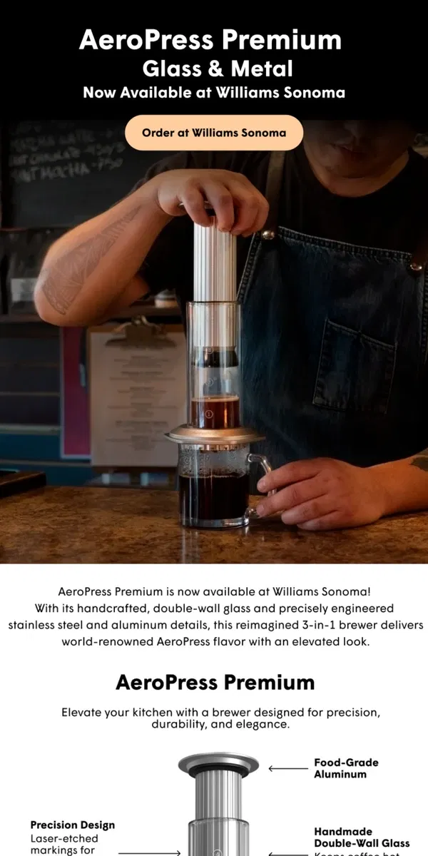 Email from AeroPress. AeroPress Premium Glass & Metal ✨