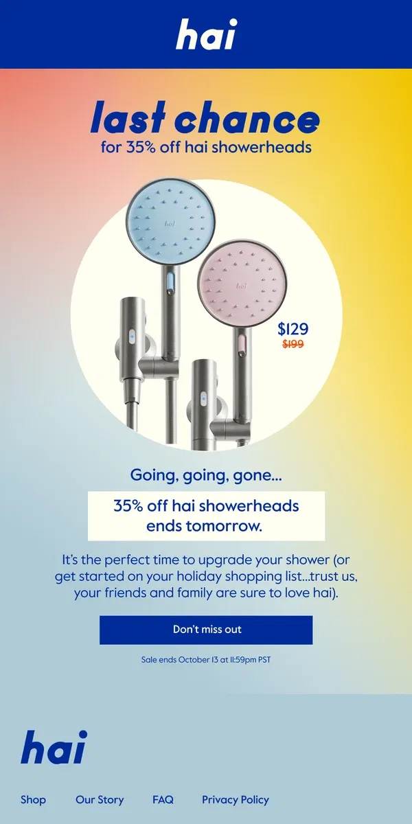 Email from hai. Final days for $70 off 🚿